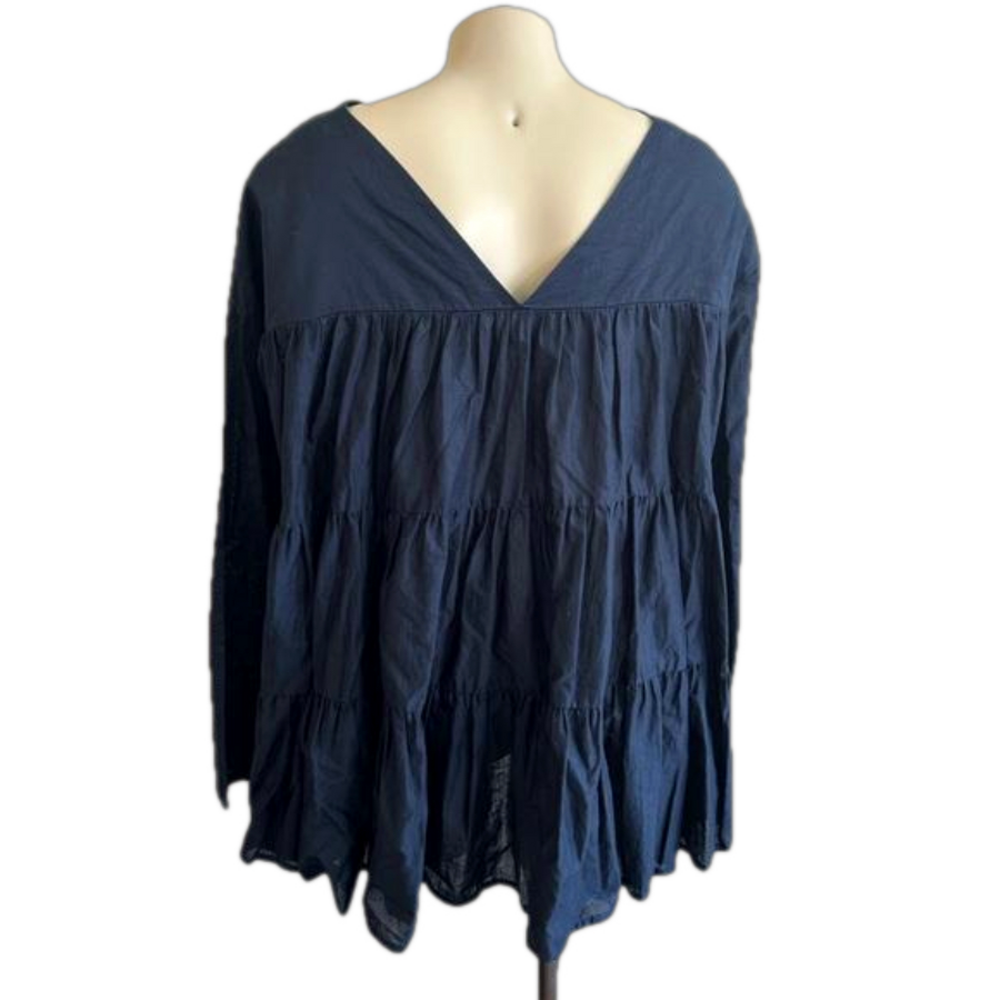 Merlette V Front /V Back Tiered Navy Blue 100% Cotton Blouse Sz M/L ?